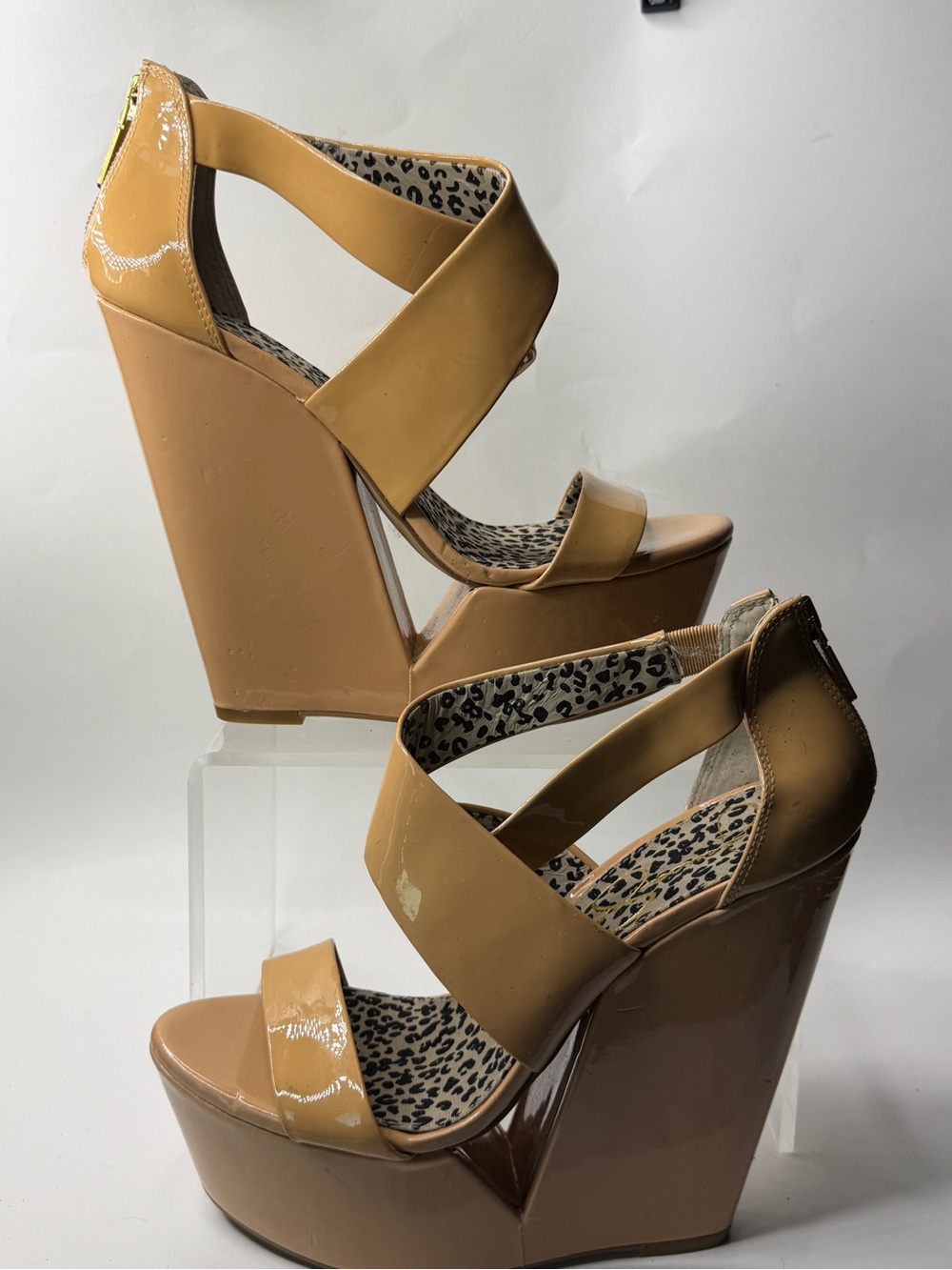 Jessica Simpson Tan Patent Platform Wedge Sandals with Leopard Insole